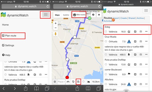 Creación de rutas en RouteCourse desde un móvil para importarlas a un Garmin Edge.